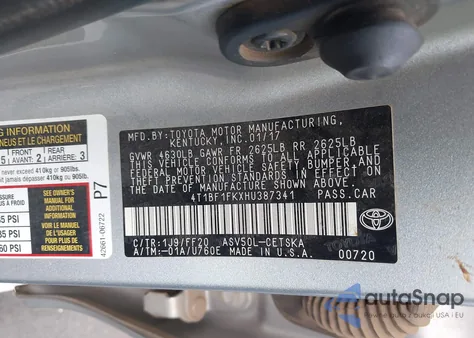 2017 Toyota Camry Le/Xle/Se/Xse from USA, damaged, VIN 4T1BF1FKXHU387341